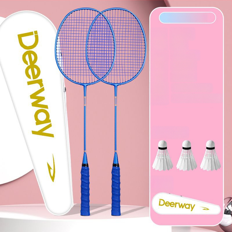 Delhui badminton raketės rinkinys – 2 raketės, svoris 75–79 g, rėmo medžiaga geležies lydinys, rankenos storis G4, tiesi raketė, įtraukta 3 kamuoliukai