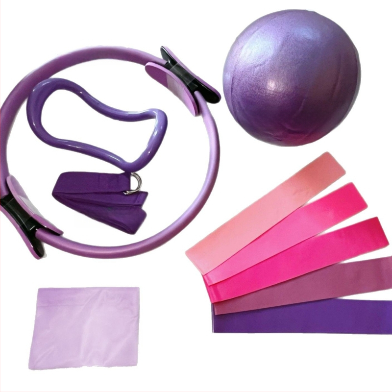 Rujia Pilates žiedas – penkių dalių rinkinys su pripučiamu jogos kamuoliu ir tempimo juostomis, PVC, 100 g