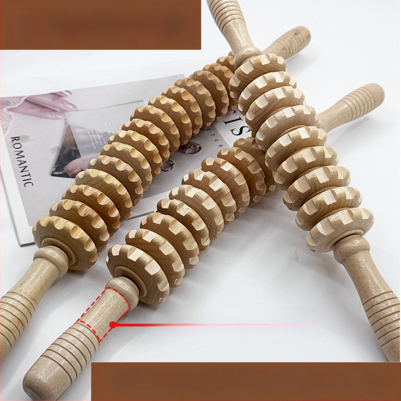 Medinė masažo lazdelė jogai ir pilvo masažai su devyniais ir dvylika ratukų (svoris 221,7 g)