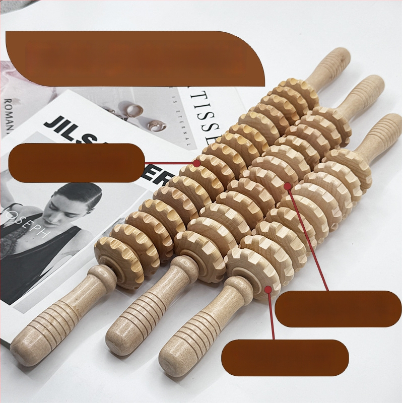 Medinė masažo lazdelė jogai ir pilvo masažai su devyniais ir dvylika ratukų (svoris 221,7 g)