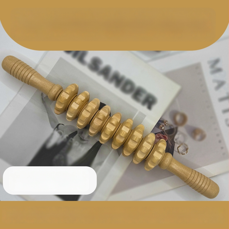 Medinė masažo lazdelė jogai ir pilvo masažai su devyniais ir dvylika ratukų (svoris 221,7 g)