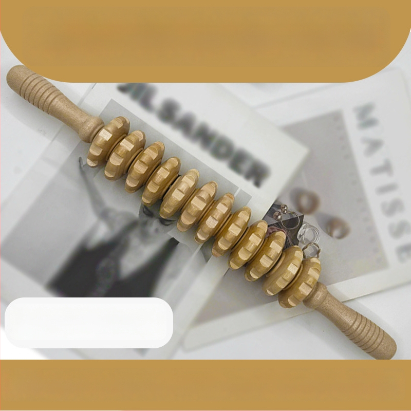 Medinė masažo lazdelė jogai ir pilvo masažai su devyniais ir dvylika ratukų (svoris 221,7 g)