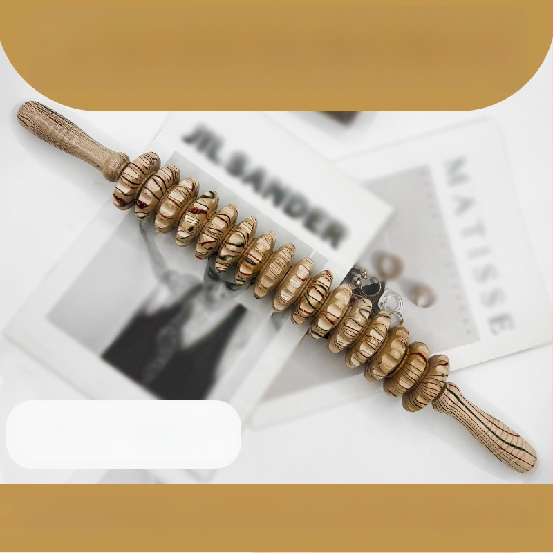 Medinė masažo lazdelė jogai ir pilvo masažai su devyniais ir dvylika ratukų (svoris 221,7 g)