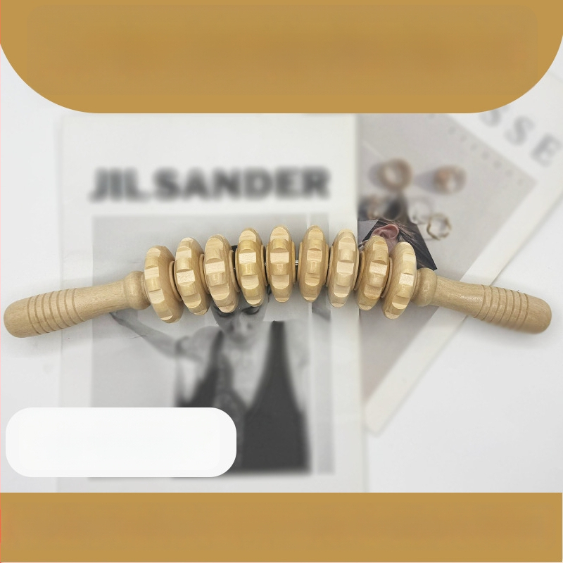 Medinė masažo lazdelė jogai ir pilvo masažai su devyniais ir dvylika ratukų (svoris 221,7 g)