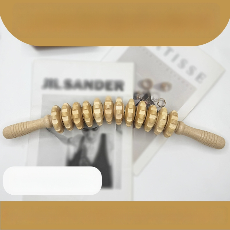 Medinė masažo lazdelė jogai ir pilvo masažai su devyniais ir dvylika ratukų (svoris 221,7 g)