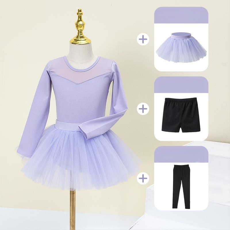 Vaikų baleto komplektas su ilgomis rankovėmis ir gauzės sijonu; audinys: 94% medvilnė + 6% elastanas; tinkamas mergaitėms iki 17 metų; scenos kostiumas