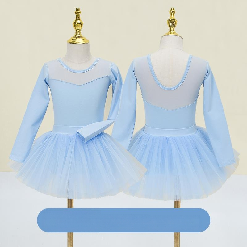 Vaikų baleto komplektas su ilgomis rankovėmis ir gauzės sijonu; audinys: 94% medvilnė + 6% elastanas; tinkamas mergaitėms iki 17 metų; scenos kostiumas