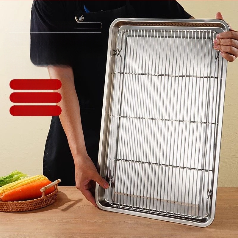 Komercinis nerūdijančio plieno kvadratinis padėklas su tinkleliu aliejaus kontrolei, filtravimo talpa vandens ir aliejui, maisto demonstravimui, kepimui ir prieskoniams