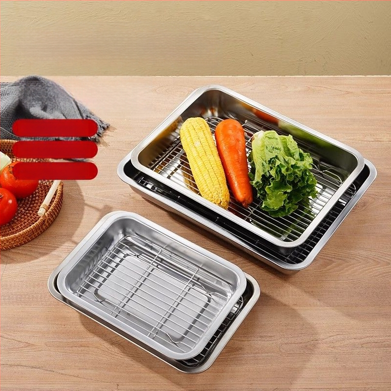 Komercinis nerūdijančio plieno kvadratinis padėklas su tinkleliu aliejaus kontrolei, filtravimo talpa vandens ir aliejui, maisto demonstravimui, kepimui ir prieskoniams