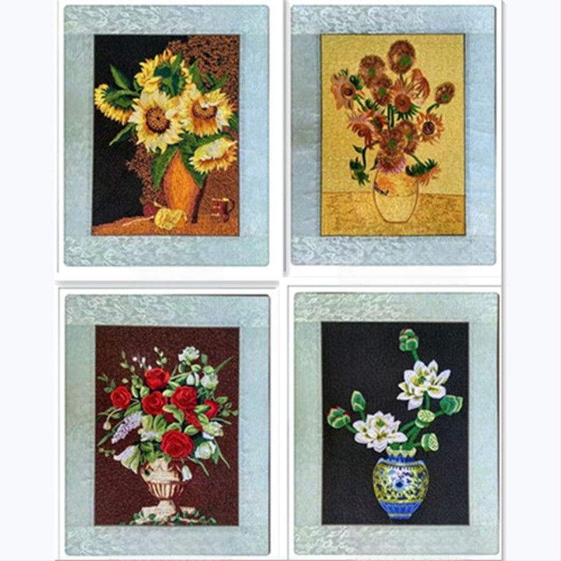 Auduma izšuvumu dekoratīvā glezna, Su izšuvums, 11CT, Augu ziedu raksts, Pabeigts produkts