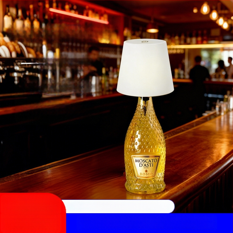 Vyno butelio formos stalo lempa, kūrybingas plastikinis korpusas, USB įkrovimas, ambientinis apšvietimas, RGB trijų spalvų reguliavimas prisilietimu