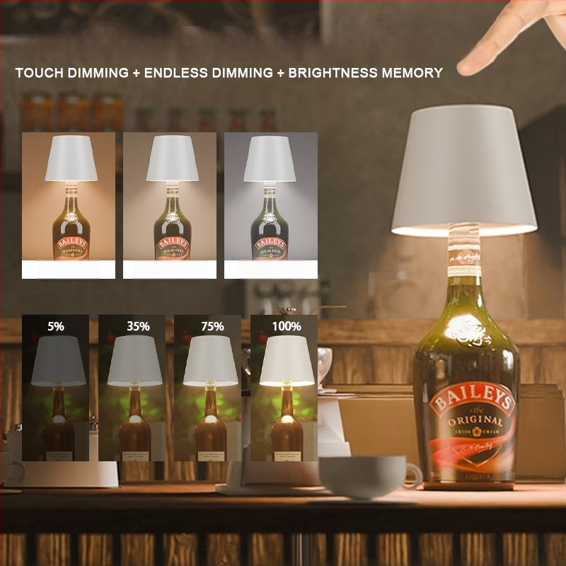 Vyno butelio formos stalo lempa, kūrybingas plastikinis korpusas, USB įkrovimas, ambientinis apšvietimas, RGB trijų spalvų reguliavimas prisilietimu