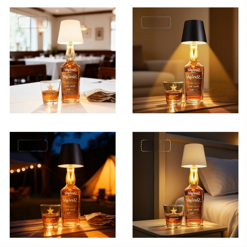 Vyno butelio formos stalo lempa, kūrybingas plastikinis korpusas, USB įkrovimas, ambientinis apšvietimas, RGB trijų spalvų reguliavimas prisilietimu