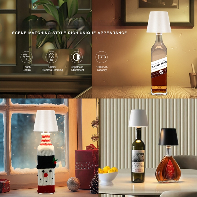 Vyno butelio formos stalo lempa, kūrybingas plastikinis korpusas, USB įkrovimas, ambientinis apšvietimas, RGB trijų spalvų reguliavimas prisilietimu