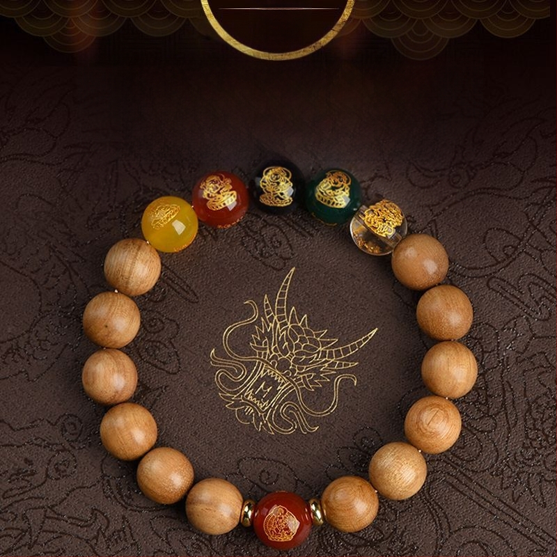Barackfafából készült karkötő, kézzel készített, uniszex ima gyöngyökkel – a Zodiákus védője és az Öt Irány Istene a Gazdagságnak