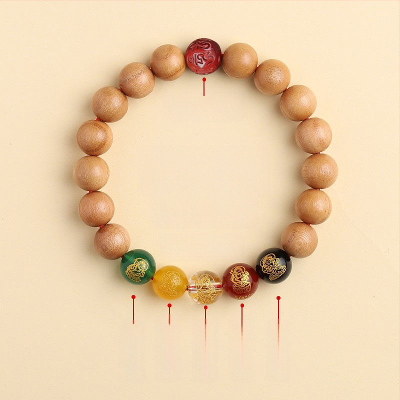Barackfafából készült karkötő, kézzel készített, uniszex ima gyöngyökkel – a Zodiákus védője és az Öt Irány Istene a Gazdagságnak