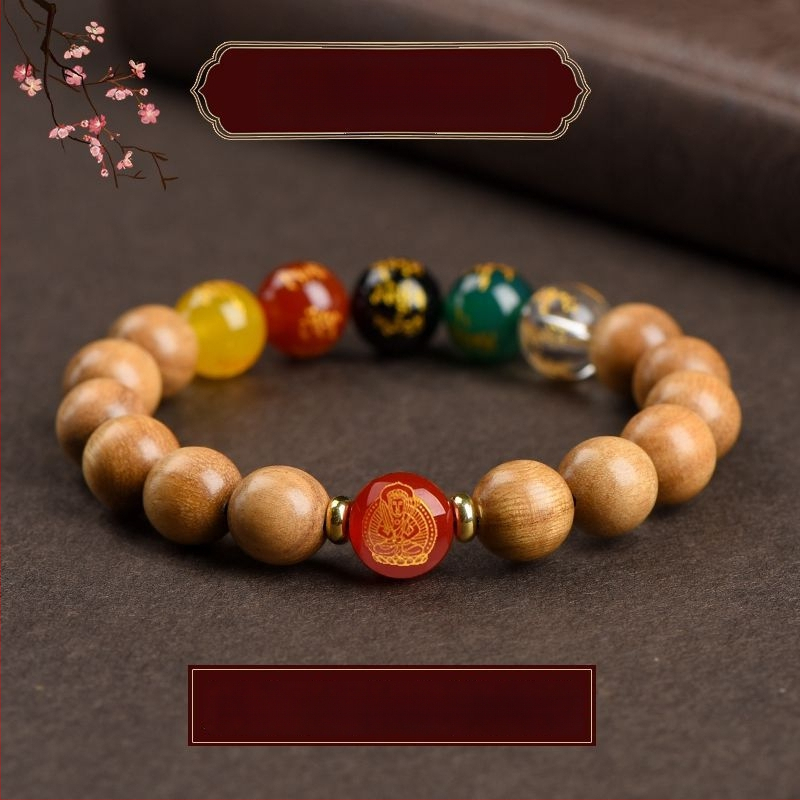 Barackfafából készült karkötő, kézzel készített, uniszex ima gyöngyökkel – a Zodiákus védője és az Öt Irány Istene a Gazdagságnak