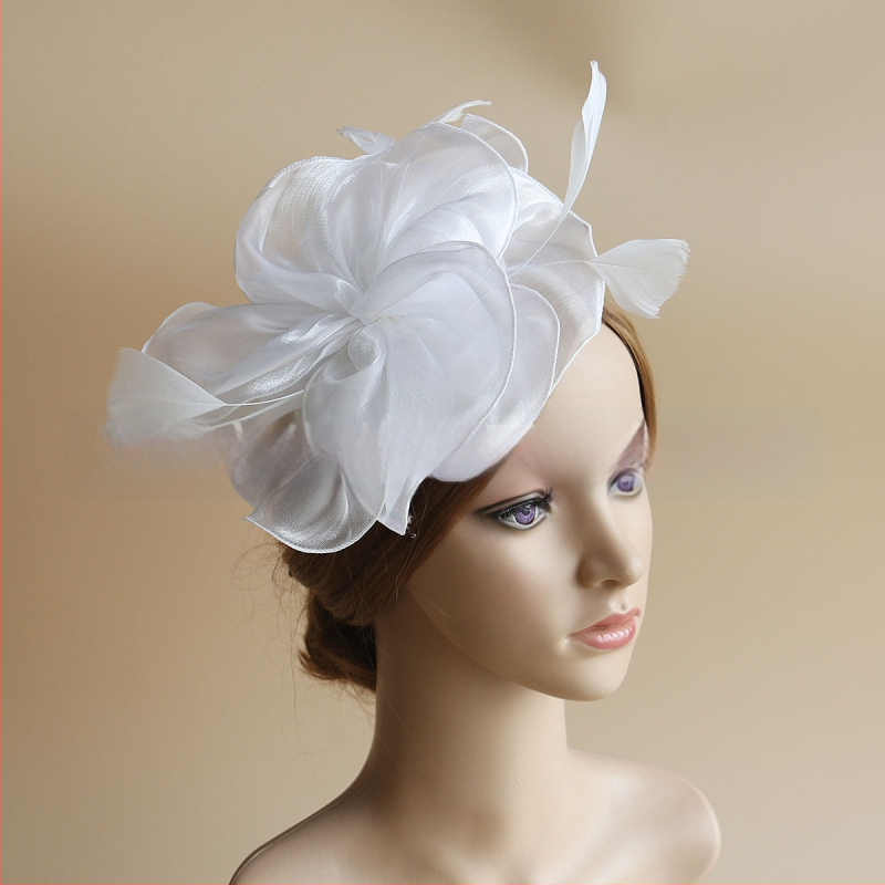 Galvas rotājums ar sietu, spalvu akcentiem un organza plīvuru, rokas darbs, stils Ruili, MSM-052, pielāgošana pieejama