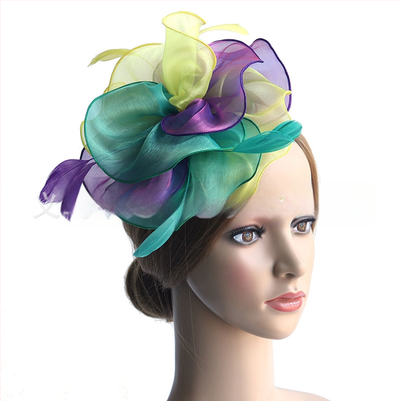 Galvas rotājums ar sietu, spalvu akcentiem un organza plīvuru, rokas darbs, stils Ruili, MSM-052, pielāgošana pieejama