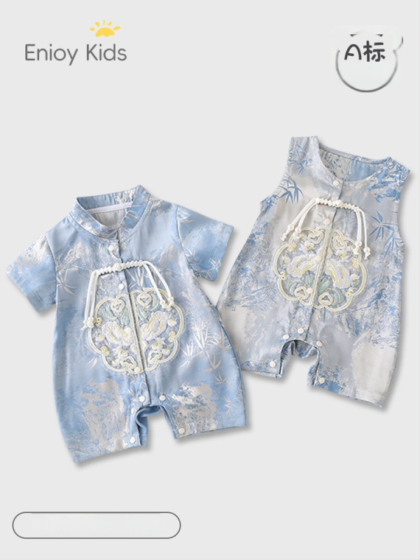 Tipo A kinų stiliaus vasaros romper berniukams, plonas poliesterio audinys, trumpomis rankovėmis, vienos eilės mygtukų užsegimas, amžius 1–3 metai