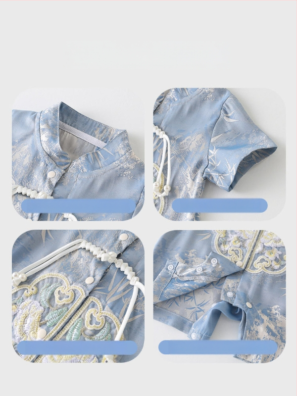 Tipo A kinų stiliaus vasaros romper berniukams, plonas poliesterio audinys, trumpomis rankovėmis, vienos eilės mygtukų užsegimas, amžius 1–3 metai