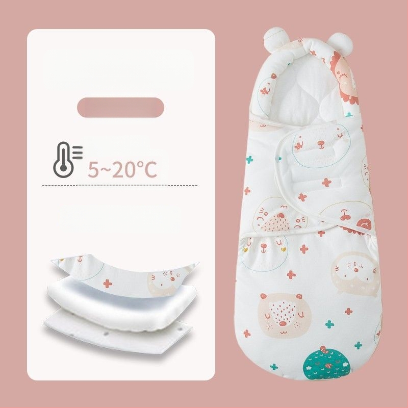 Naujagimio miego maišelis su įvyniojimu, medvilnė, gyvūnų raštas, tinkamas kūdikiams ir mažyliams (1–3 m.), visų metų naudojimui — pavasaris 2025