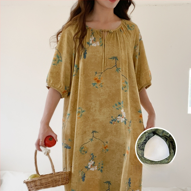 Noćna haljina s jastučićem za prsni dio - pamuk-saten materijal, 100% viskoz, okrugli vrat, ljeto, antički/nacionalni stil