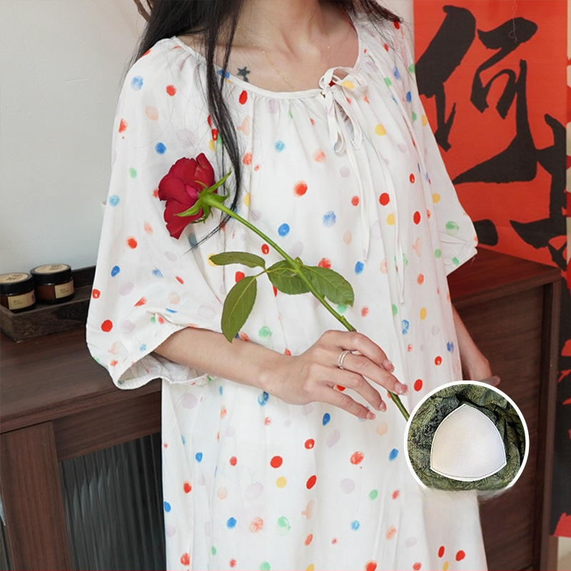 Noćna haljina s jastučićem za prsni dio - pamuk-saten materijal, 100% viskoz, okrugli vrat, ljeto, antički/nacionalni stil