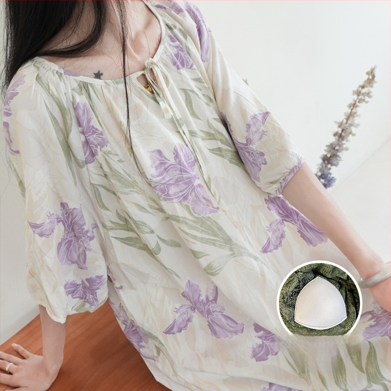 Noćna haljina s jastučićem za prsni dio - pamuk-saten materijal, 100% viskoz, okrugli vrat, ljeto, antički/nacionalni stil