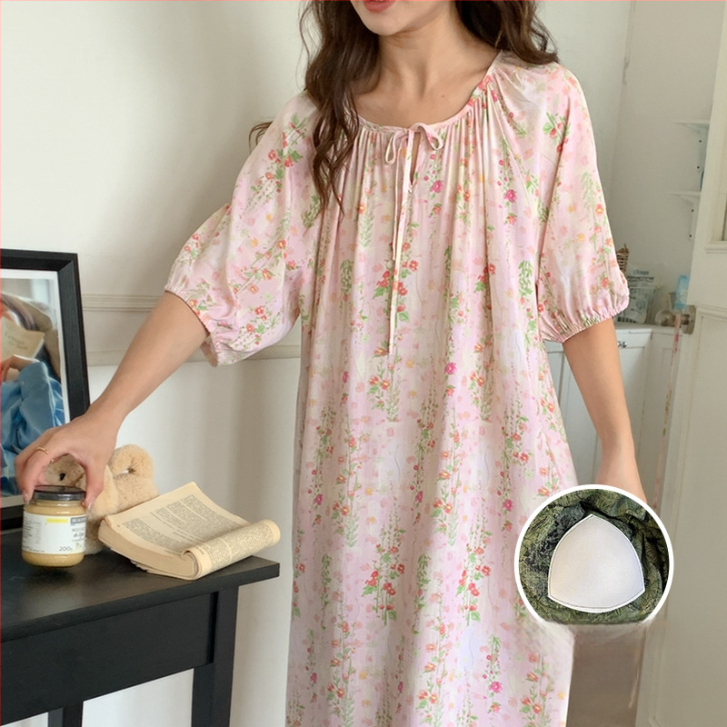 Noćna haljina s jastučićem za prsni dio - pamuk-saten materijal, 100% viskoz, okrugli vrat, ljeto, antički/nacionalni stil