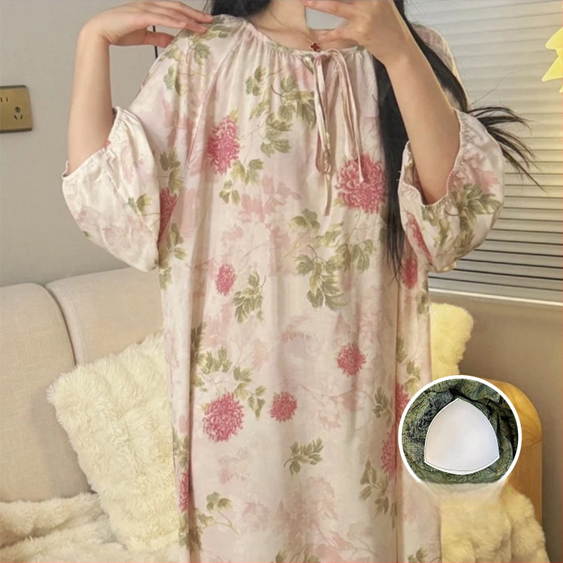 Noćna haljina s jastučićem za prsni dio - pamuk-saten materijal, 100% viskoz, okrugli vrat, ljeto, antički/nacionalni stil