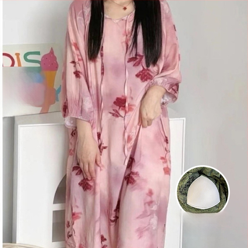 Noćna haljina s jastučićem za prsni dio - pamuk-saten materijal, 100% viskoz, okrugli vrat, ljeto, antički/nacionalni stil