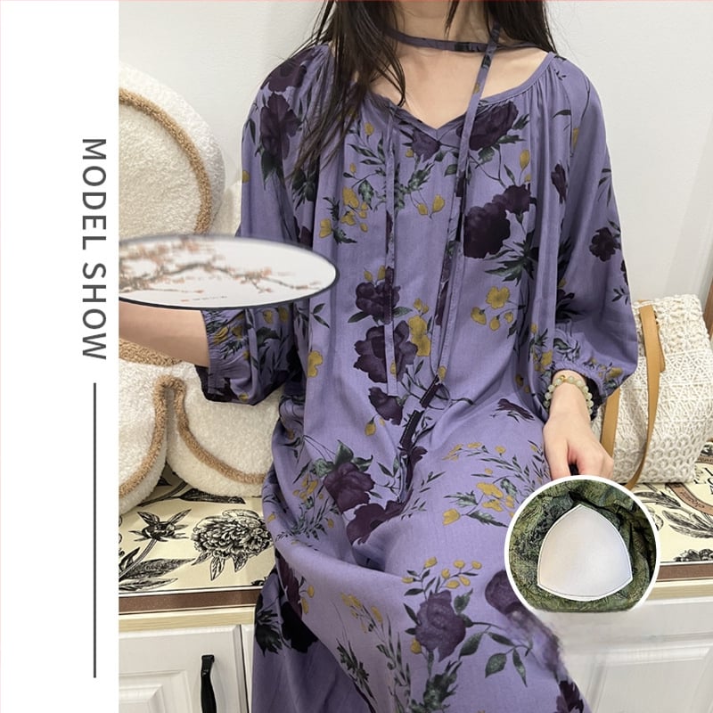 Noćna haljina s jastučićem za prsni dio - pamuk-saten materijal, 100% viskoz, okrugli vrat, ljeto, antički/nacionalni stil