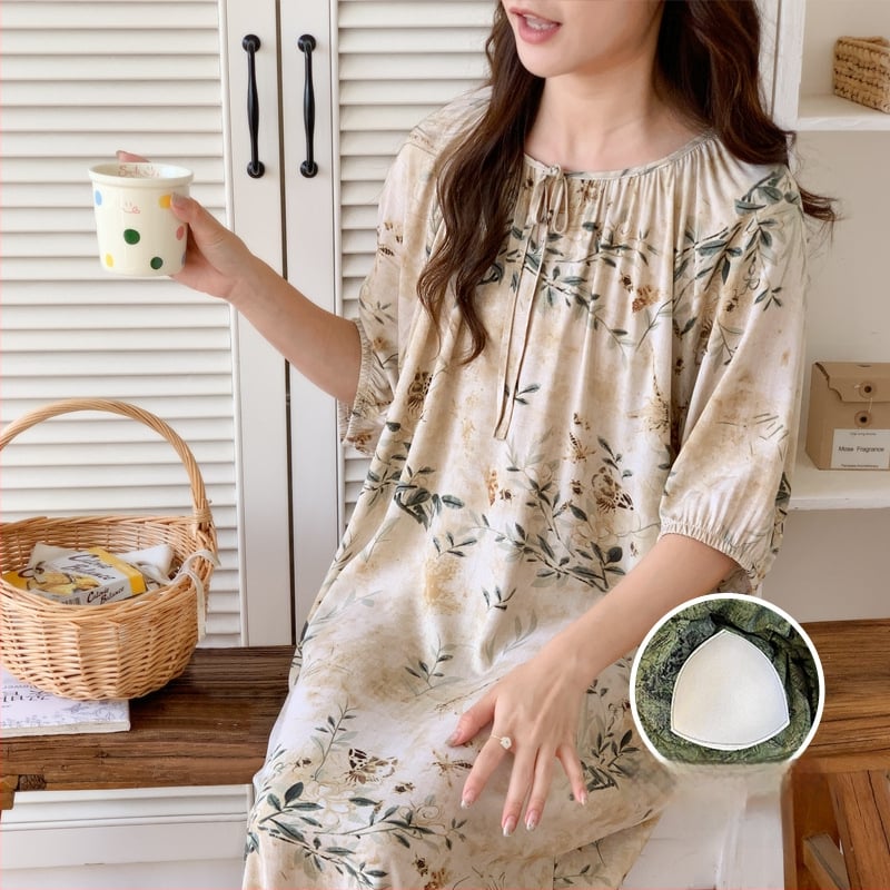 Noćna haljina s jastučićem za prsni dio - pamuk-saten materijal, 100% viskoz, okrugli vrat, ljeto, antički/nacionalni stil