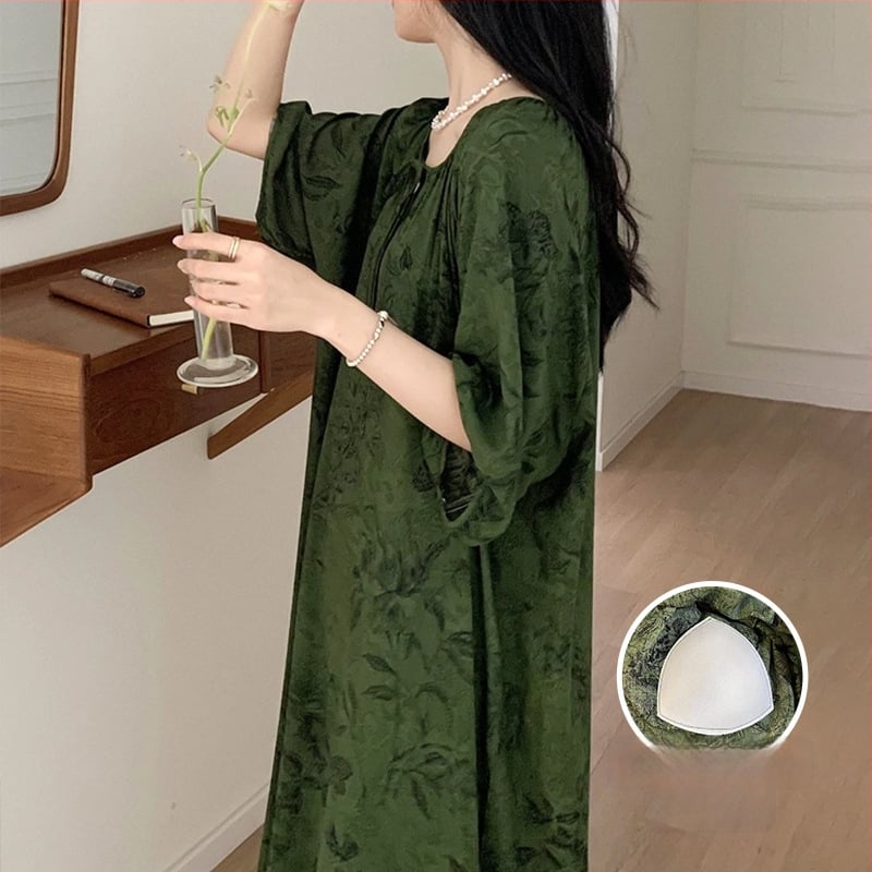 Noćna haljina s jastučićem za prsni dio - pamuk-saten materijal, 100% viskoz, okrugli vrat, ljeto, antički/nacionalni stil