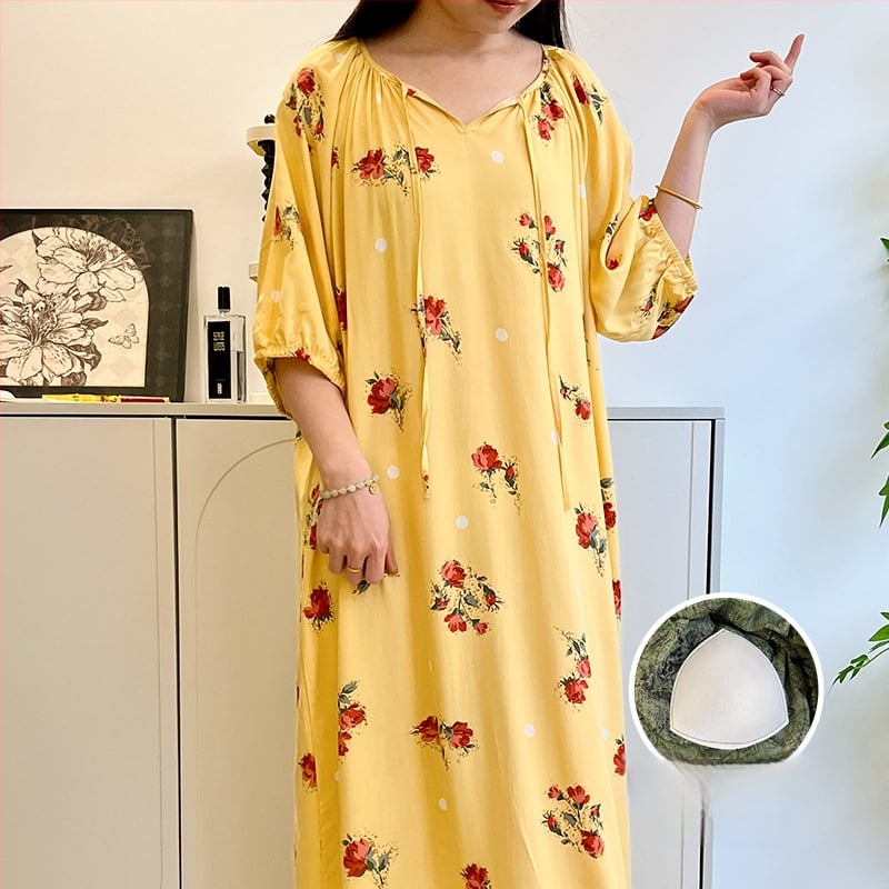 Noćna haljina s jastučićem za prsni dio - pamuk-saten materijal, 100% viskoz, okrugli vrat, ljeto, antički/nacionalni stil