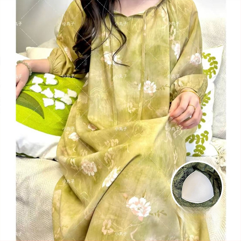 Noćna haljina s jastučićem za prsni dio - pamuk-saten materijal, 100% viskoz, okrugli vrat, ljeto, antički/nacionalni stil