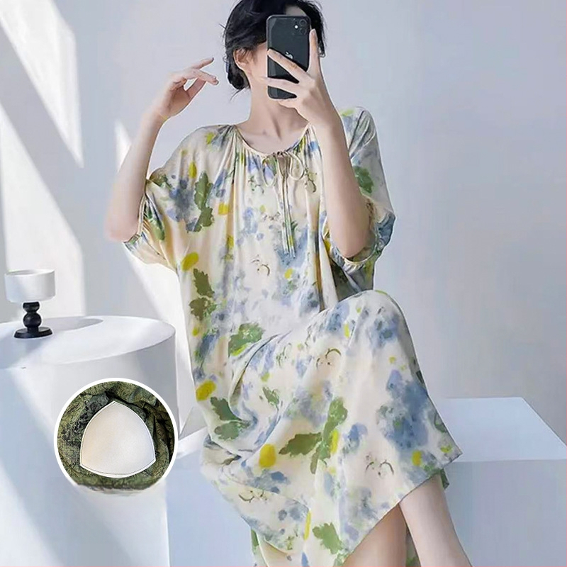 Noćna haljina s jastučićem za prsni dio - pamuk-saten materijal, 100% viskoz, okrugli vrat, ljeto, antički/nacionalni stil