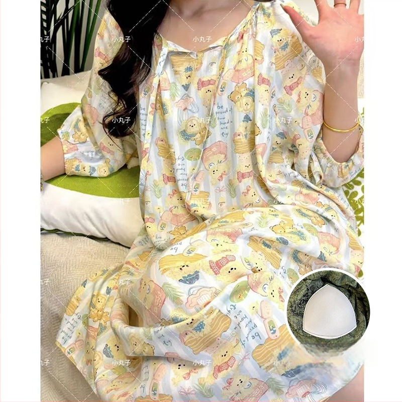 Noćna haljina s jastučićem za prsni dio - pamuk-saten materijal, 100% viskoz, okrugli vrat, ljeto, antički/nacionalni stil