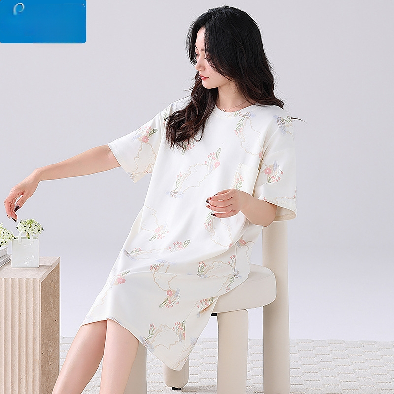 Ženska pamučna noćna haljina – kratki rukavi, okrugli izrez, srednja duljina, prozračno noćno rublje za ljeto