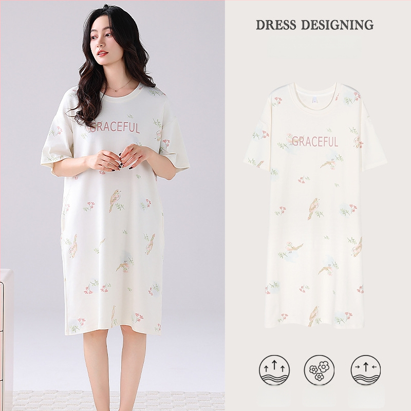 Ženska pamučna noćna haljina – kratki rukavi, okrugli izrez, srednja duljina, prozračno noćno rublje za ljeto
