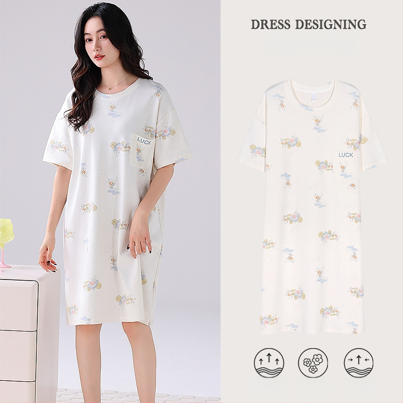 Ženska pamučna noćna haljina – kratki rukavi, okrugli izrez, srednja duljina, prozračno noćno rublje za ljeto