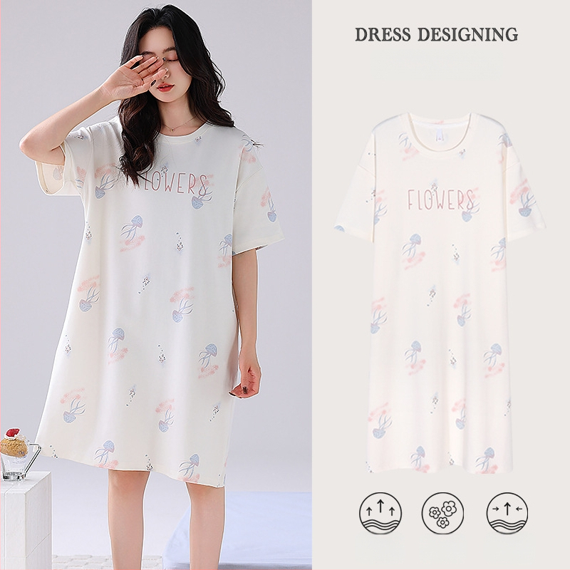 Ženska pamučna noćna haljina – kratki rukavi, okrugli izrez, srednja duljina, prozračno noćno rublje za ljeto