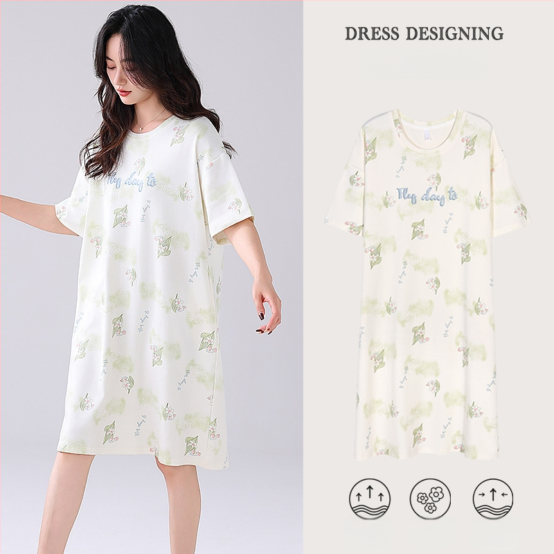 Ženska pamučna noćna haljina – kratki rukavi, okrugli izrez, srednja duljina, prozračno noćno rublje za ljeto