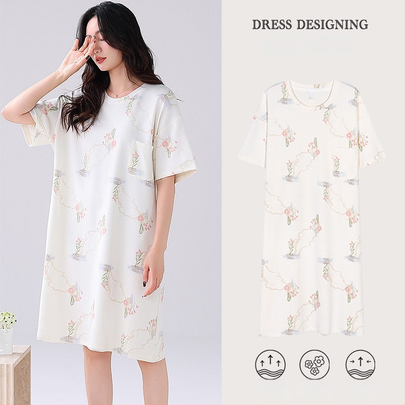 Ženska pamučna noćna haljina – kratki rukavi, okrugli izrez, srednja duljina, prozračno noćno rublje za ljeto