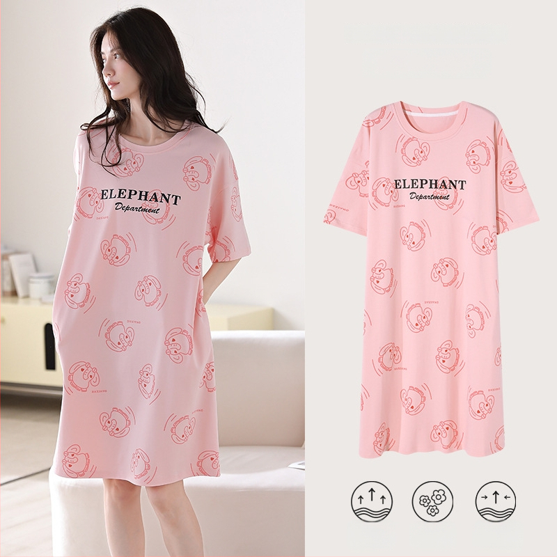 Ženska pamučna noćna haljina – kratki rukavi, okrugli izrez, srednja duljina, prozračno noćno rublje za ljeto
