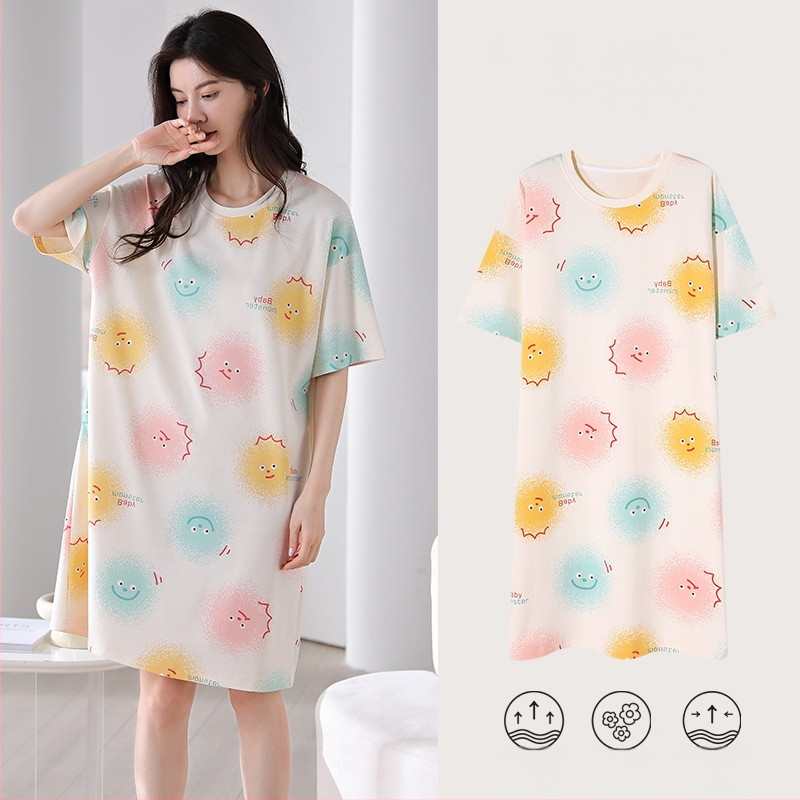 Ženska pamučna noćna haljina – kratki rukavi, okrugli izrez, srednja duljina, prozračno noćno rublje za ljeto