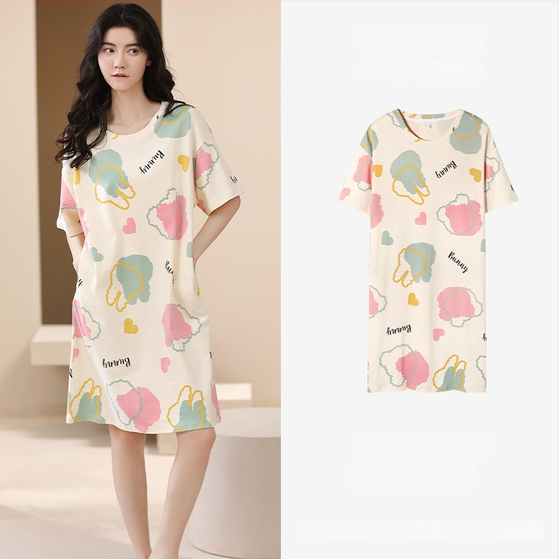 Ženska pamučna noćna haljina – kratki rukavi, okrugli izrez, srednja duljina, prozračno noćno rublje za ljeto