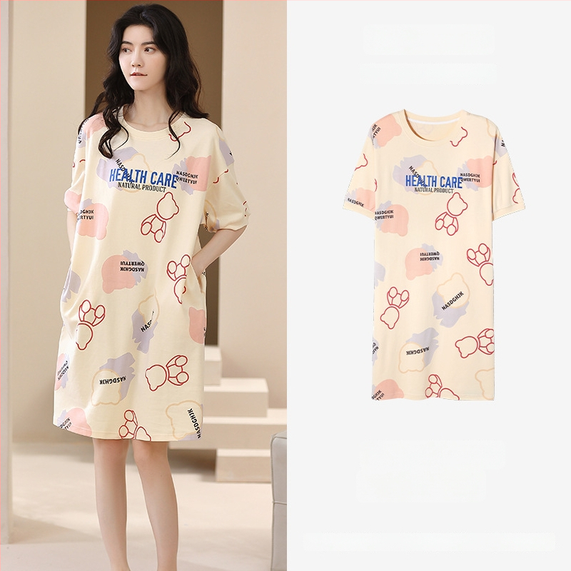 Ženska pamučna noćna haljina – kratki rukavi, okrugli izrez, srednja duljina, prozračno noćno rublje za ljeto