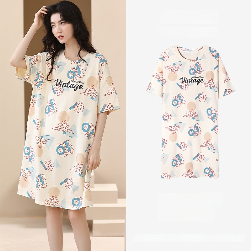 Ženska pamučna noćna haljina – kratki rukavi, okrugli izrez, srednja duljina, prozračno noćno rublje za ljeto